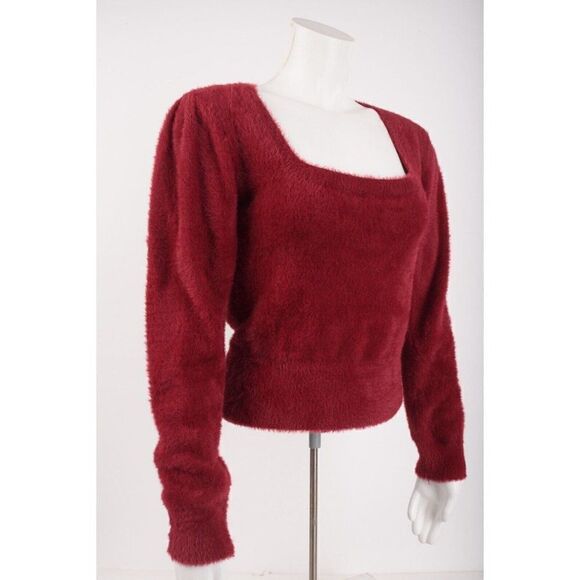 ASTR The Label Womans Fuzzy Crop Sweater Size L Maroon Wine Red Scoop Neck NWT - Picture 2 of 6